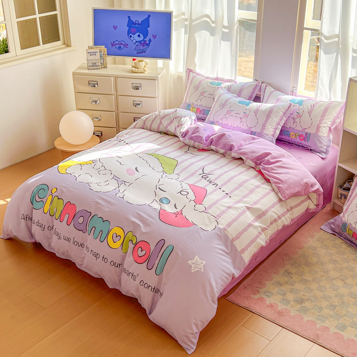 91家纺网 家纺一手货源 找家纺 浩诚 2026新款专版三丽鸥hellokitty库洛米正版授权大版全棉纯棉四件套 条纹玉桂狗