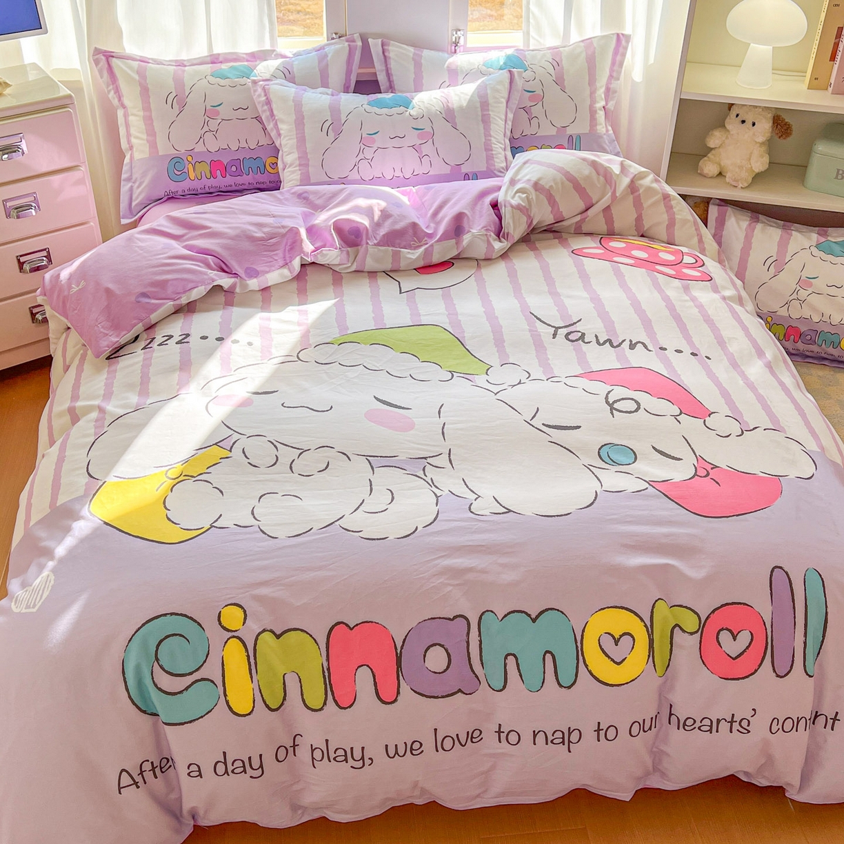 91家纺网 家纺一手货源 找家纺 浩诚 2026新款专版三丽鸥hellokitty库洛米正版授权大版全棉纯棉四件套 条纹玉桂狗