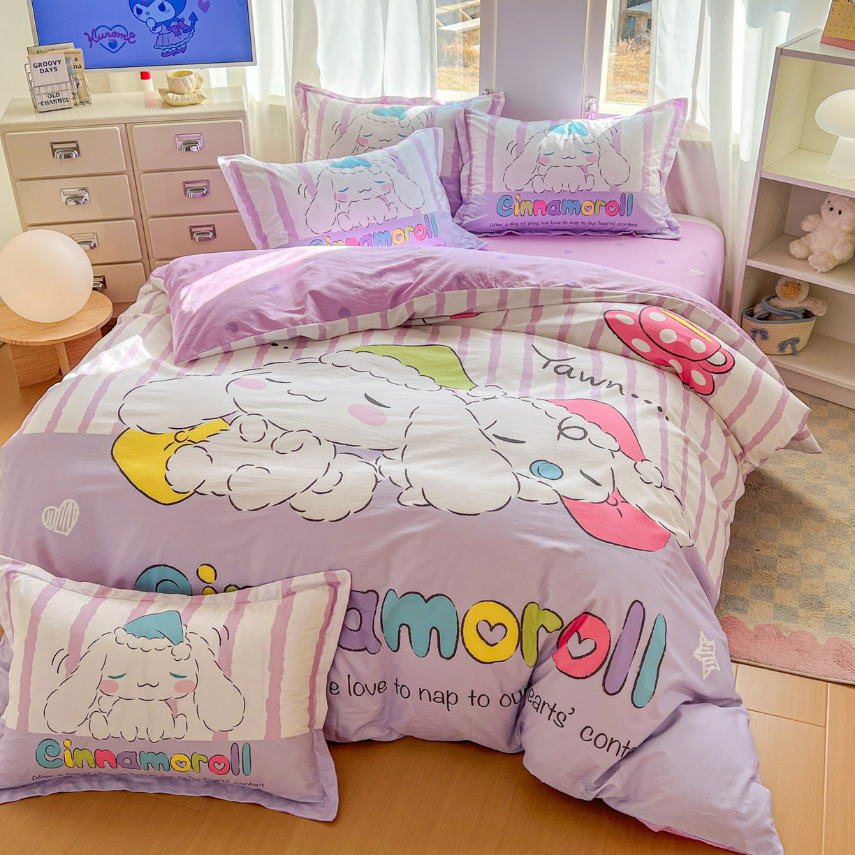 91家纺网 家纺一手货源 找家纺 浩诚 2026新款专版三丽鸥hellokitty库洛米正版授权大版全棉纯棉四件套 条纹玉桂狗