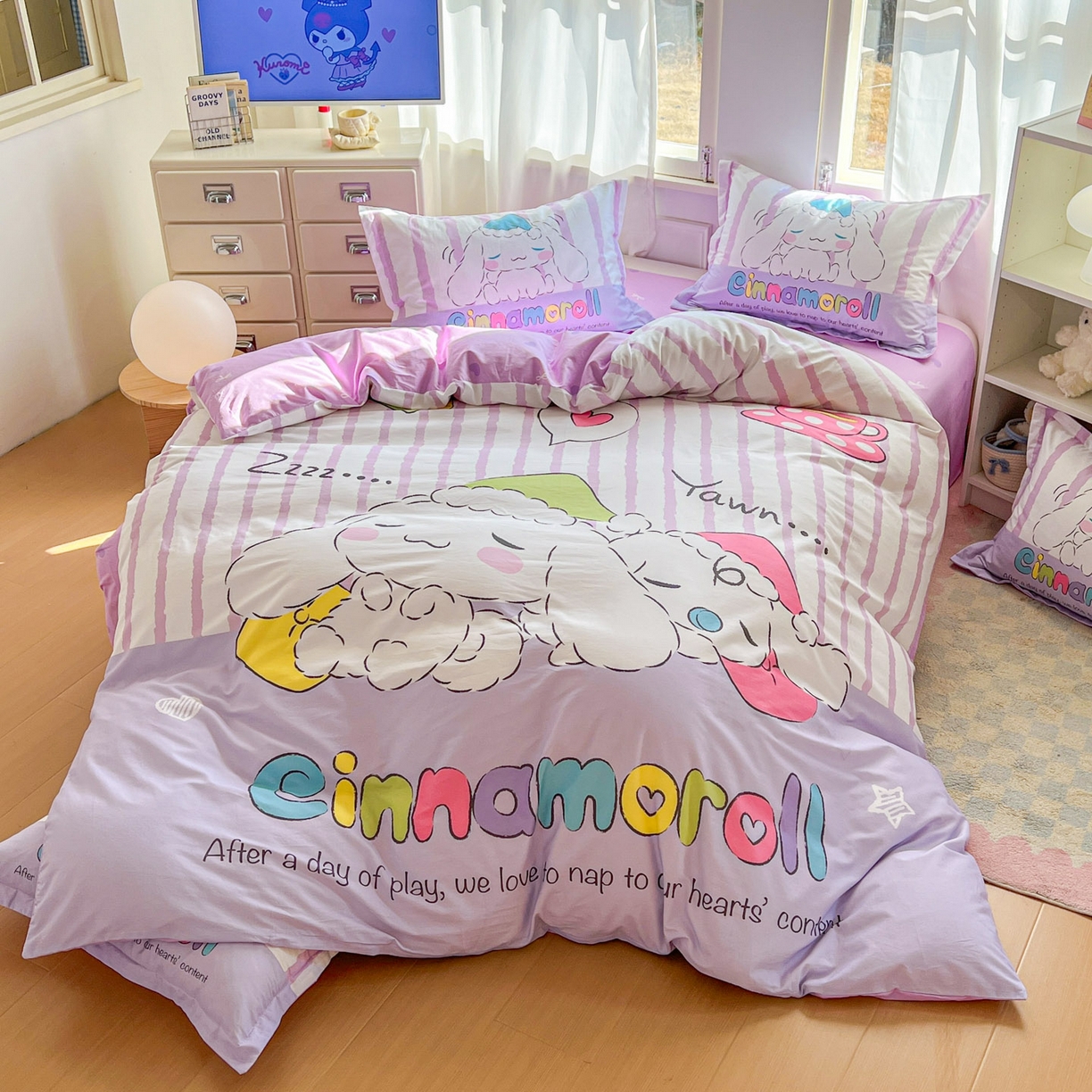 91家纺网 家纺一手货源 找家纺 浩诚 2026新款专版三丽鸥hellokitty库洛米正版授权大版全棉纯棉四件套 条纹玉桂狗