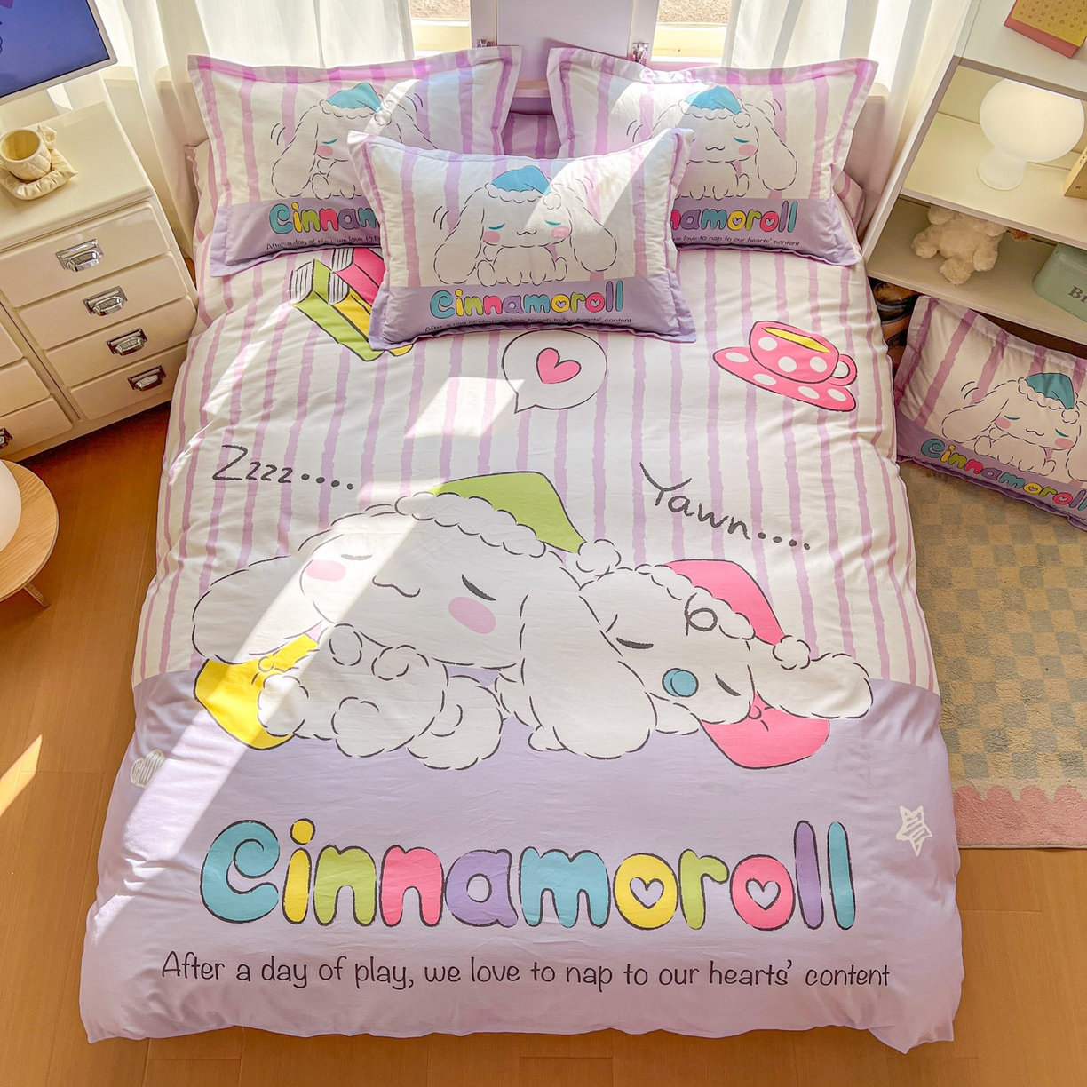 91家纺网 家纺一手货源 找家纺 浩诚 2026新款专版三丽鸥hellokitty库洛米正版授权大版全棉纯棉四件套 条纹玉桂狗