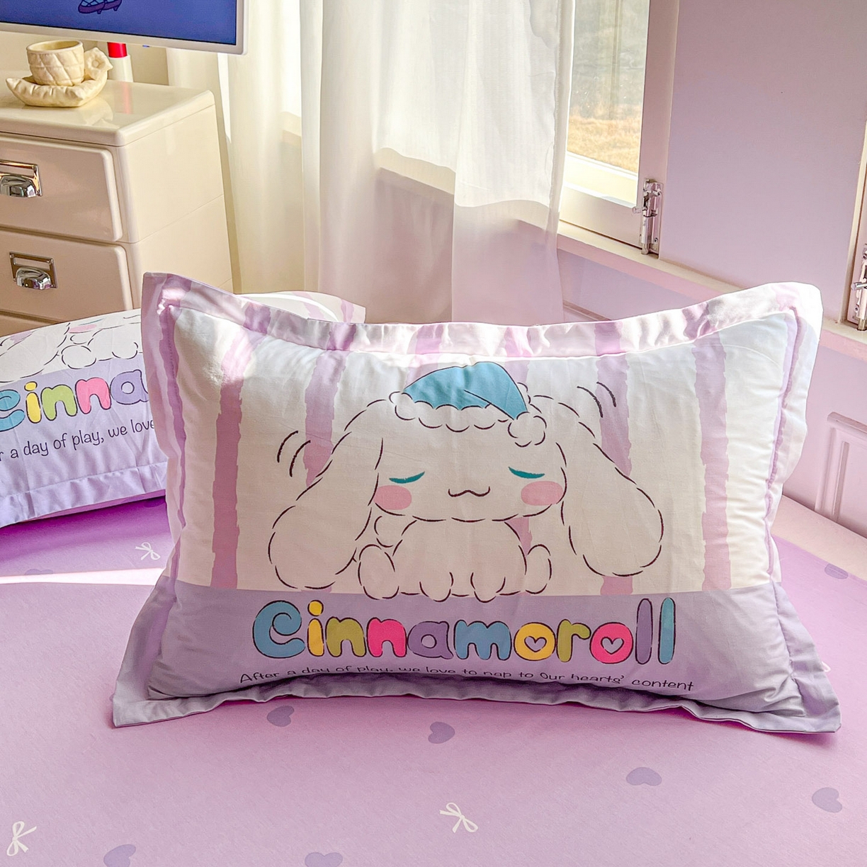 91家纺网 家纺一手货源 找家纺 浩诚 2026新款专版三丽鸥hellokitty库洛米正版授权大版全棉纯棉四件套 条纹玉桂狗