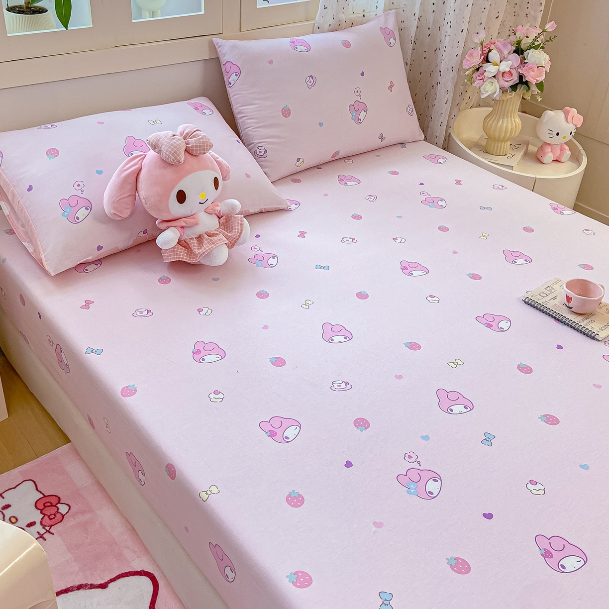 91家纺网 家纺一手货源 找家纺 博雅 2026新款三丽鸥全棉小版印花床笠 下午茶美乐蒂