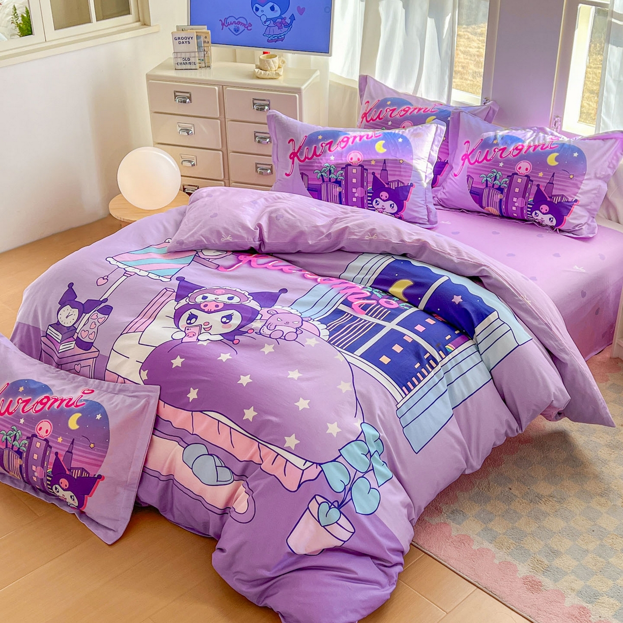 91家纺网 家纺一手货源 找家纺 浩诚 2026新款专版三丽鸥hellokitty库洛米正版授权大版全棉纯棉四件套 晚安库洛米