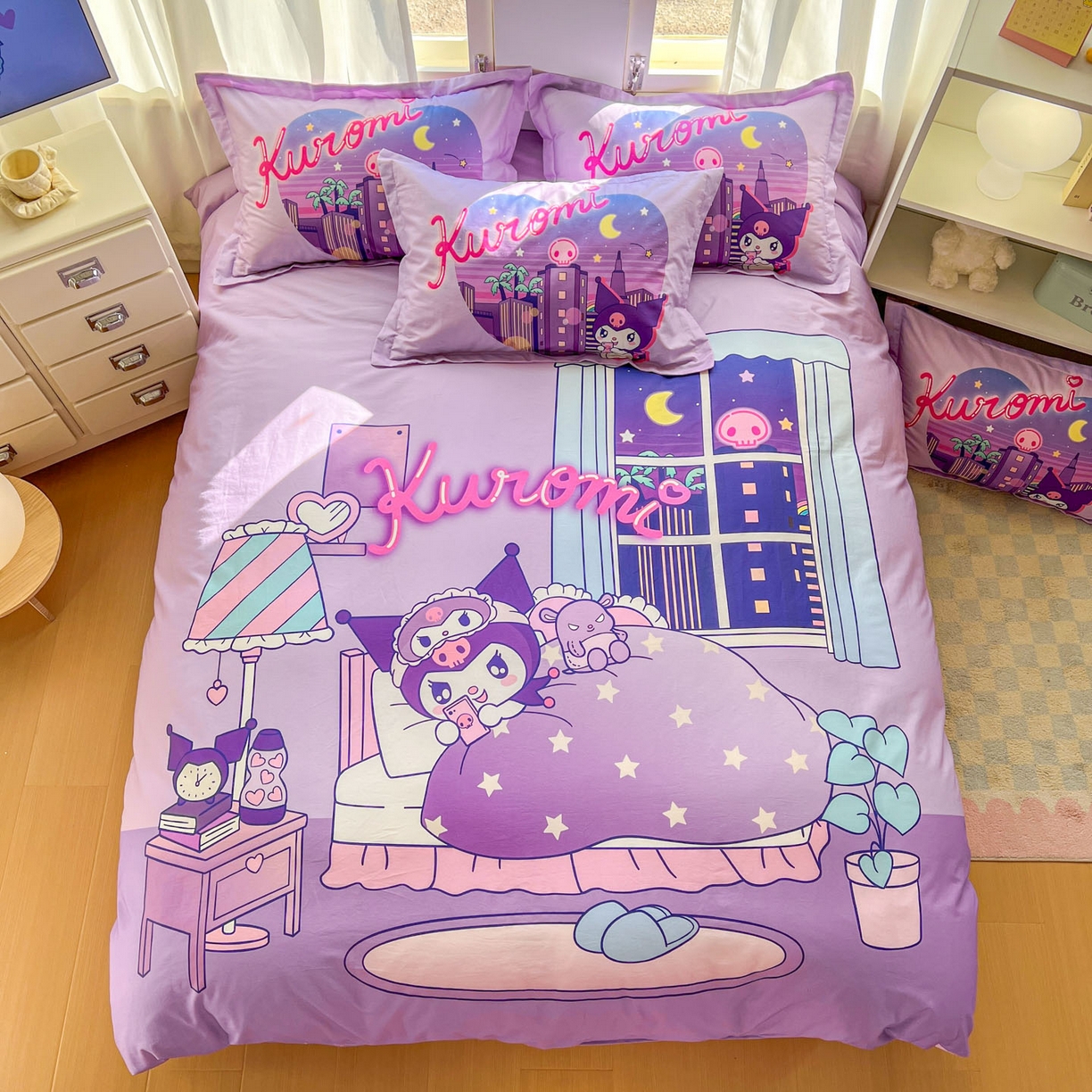 91家纺网 家纺一手货源 找家纺 浩诚 2026新款专版三丽鸥hellokitty库洛米正版授权大版全棉纯棉四件套 晚安库洛米