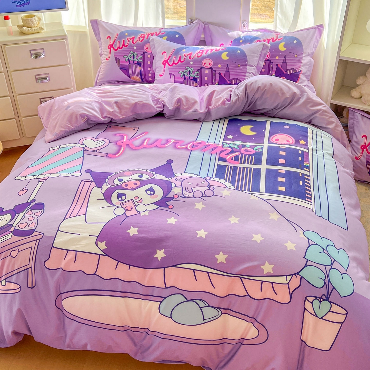 91家纺网 家纺一手货源 找家纺 浩诚 2026新款专版三丽鸥hellokitty库洛米正版授权大版全棉纯棉四件套 晚安库洛米