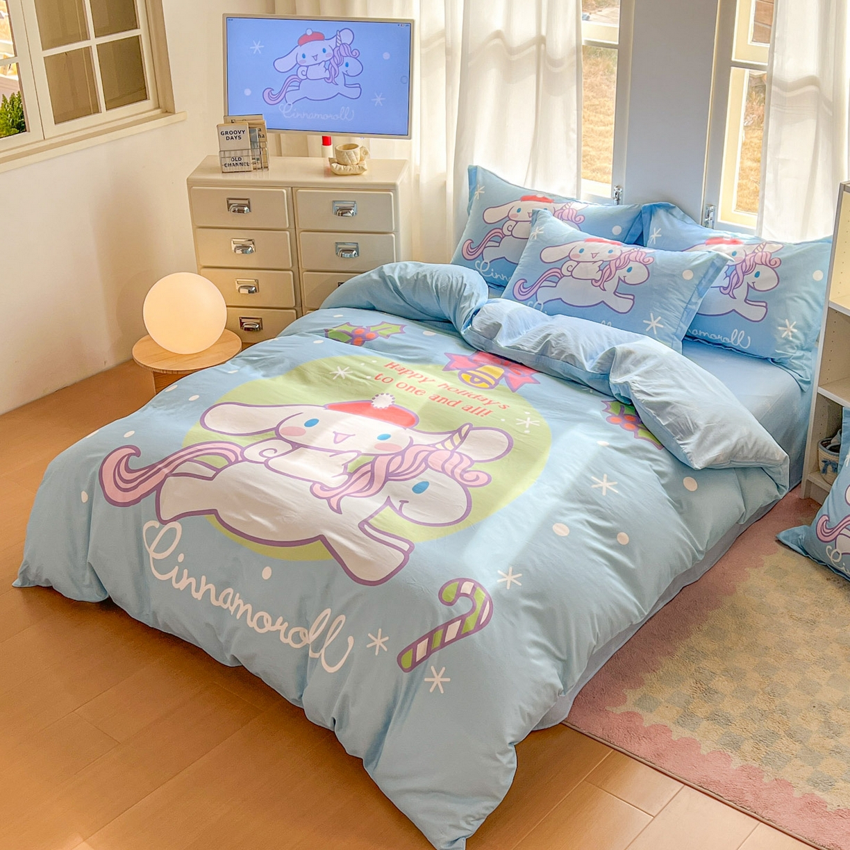 91家纺网 家纺一手货源 找家纺 浩诚 2026新款专版三丽鸥hellokitty库洛米正版授权大版全棉纯棉四件套 旋转玉桂狗