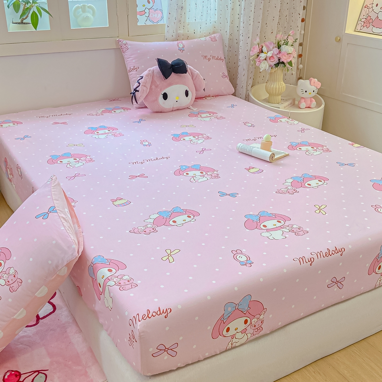 91家纺网 家纺一手货源 找家纺 博雅 2026新款三丽鸥全棉小版印花床笠 小兔美乐蒂