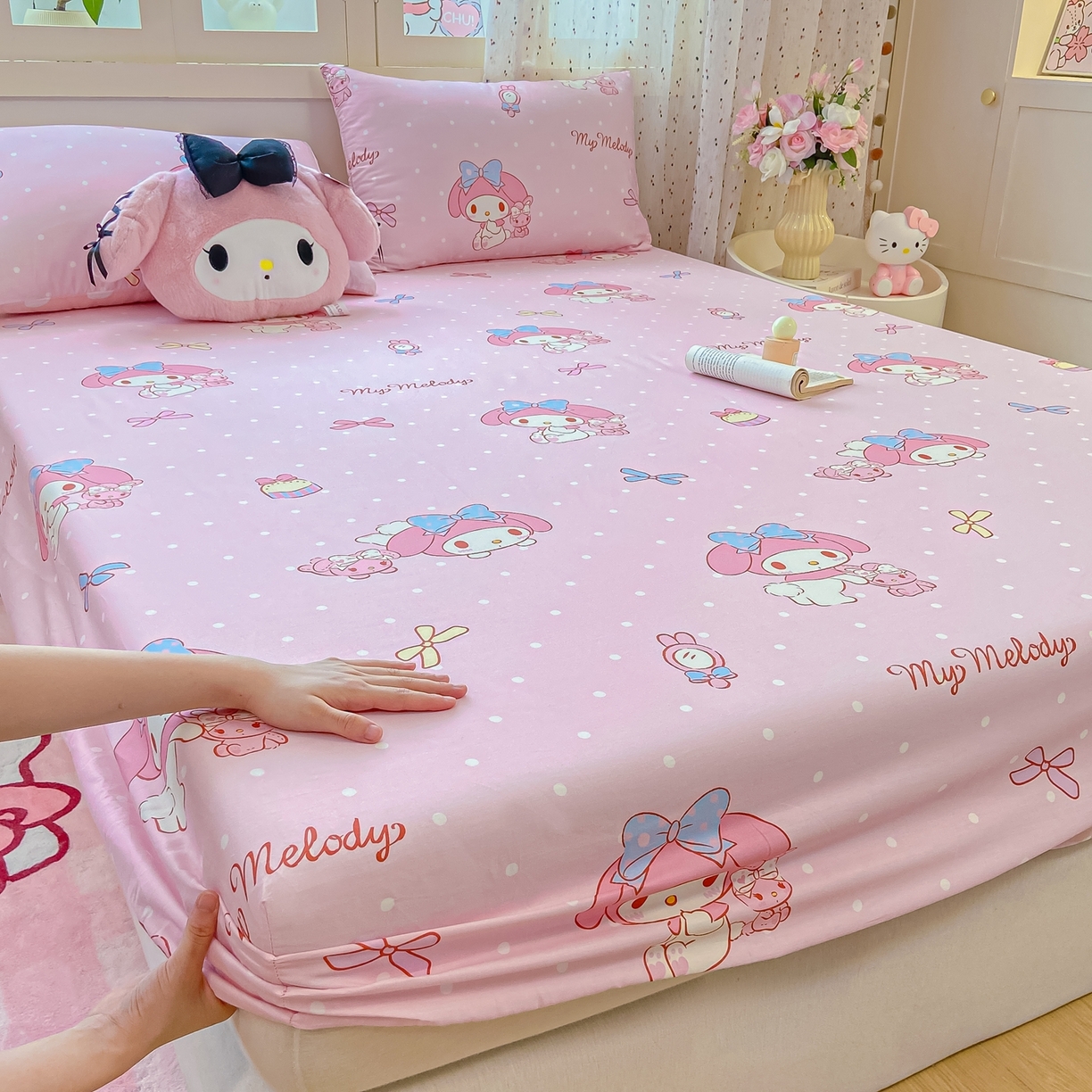 91家纺网 家纺一手货源 找家纺 博雅 2026新款三丽鸥全棉小版印花床笠 小兔美乐蒂