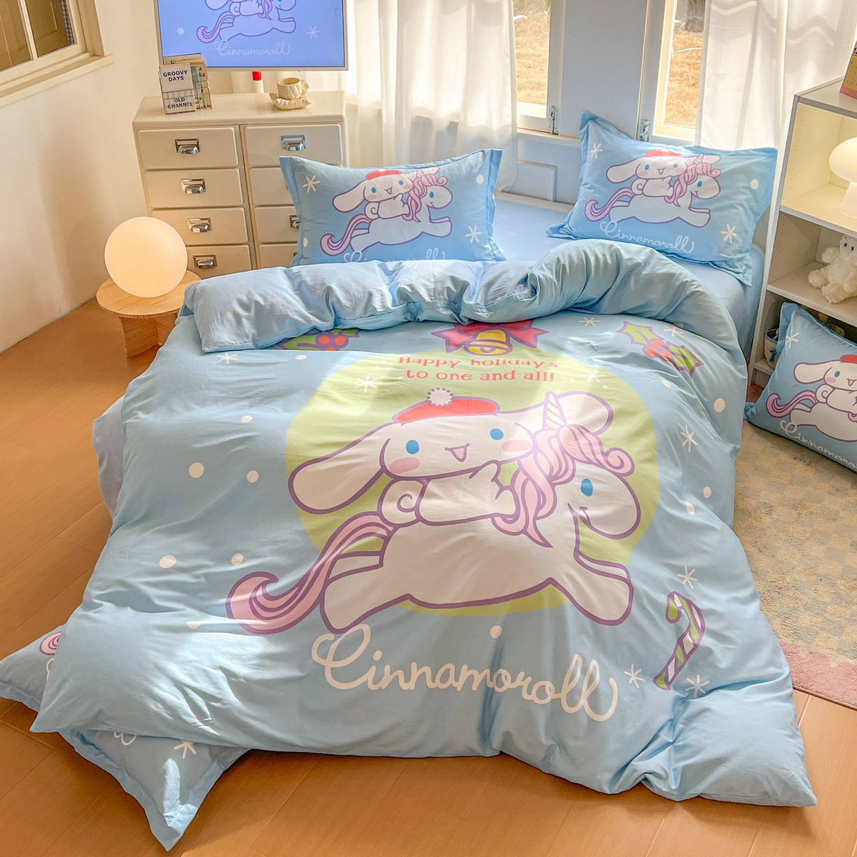 91家纺网 家纺一手货源 找家纺 浩诚 2026新款专版三丽鸥hellokitty库洛米正版授权大版全棉纯棉四件套 旋转玉桂狗