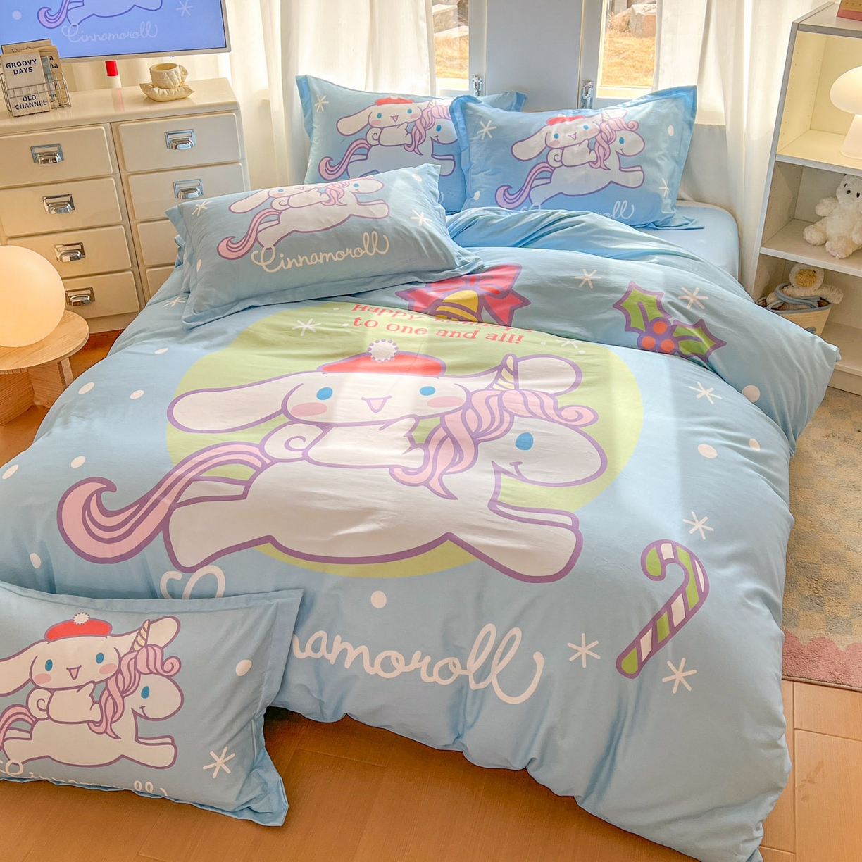 91家纺网 家纺一手货源 找家纺 浩诚 2026新款专版三丽鸥hellokitty库洛米正版授权大版全棉纯棉四件套 旋转玉桂狗