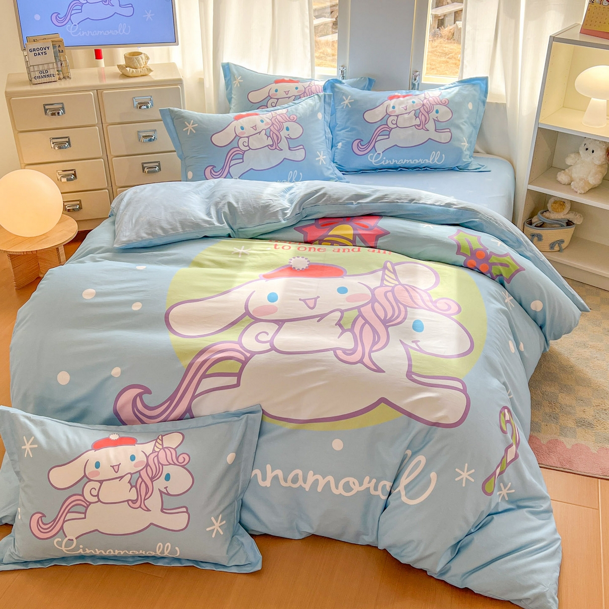 91家纺网 家纺一手货源 找家纺 浩诚 2026新款专版三丽鸥hellokitty库洛米正版授权大版全棉纯棉四件套 旋转玉桂狗