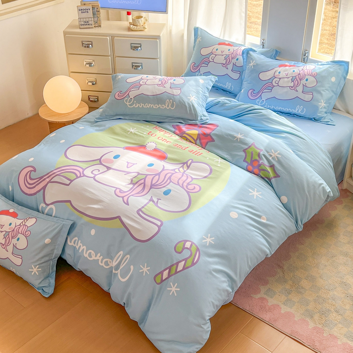 91家纺网 家纺一手货源 找家纺 浩诚 2026新款专版三丽鸥hellokitty库洛米正版授权大版全棉纯棉四件套 旋转玉桂狗