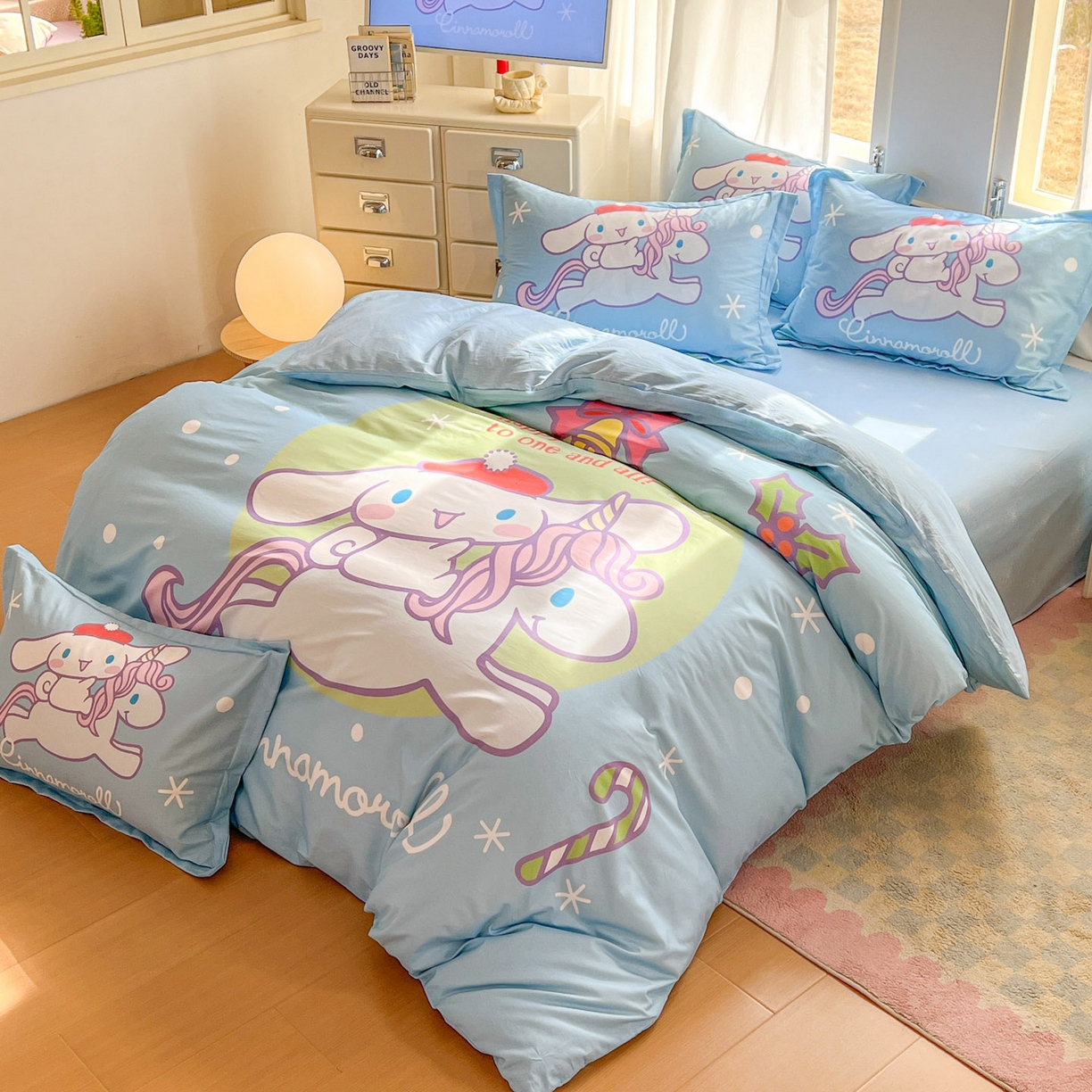 91家纺网 家纺一手货源 找家纺 浩诚 2026新款专版三丽鸥hellokitty库洛米正版授权大版全棉纯棉四件套 旋转玉桂狗