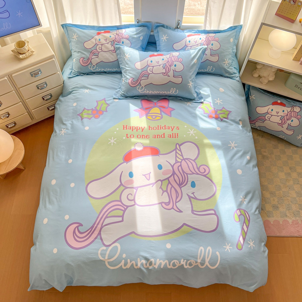 91家纺网 家纺一手货源 找家纺 浩诚 2026新款专版三丽鸥hellokitty库洛米正版授权大版全棉纯棉四件套 旋转玉桂狗