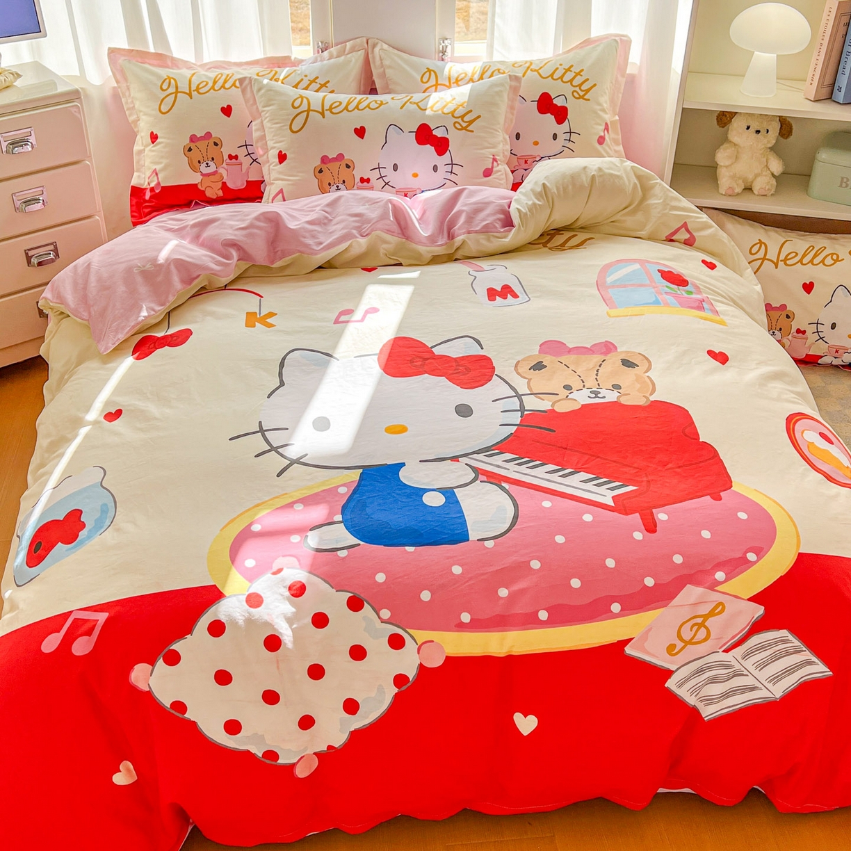 91家纺网 家纺一手货源 找家纺 浩诚 2026新款专版三丽鸥hellokitty库洛米正版授权大版全棉纯棉四件套 音乐KT
