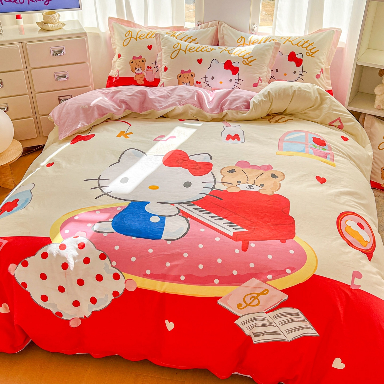 91家纺网 家纺一手货源 找家纺 浩诚 2026新款专版三丽鸥hellokitty库洛米正版授权大版全棉纯棉四件套 音乐KT