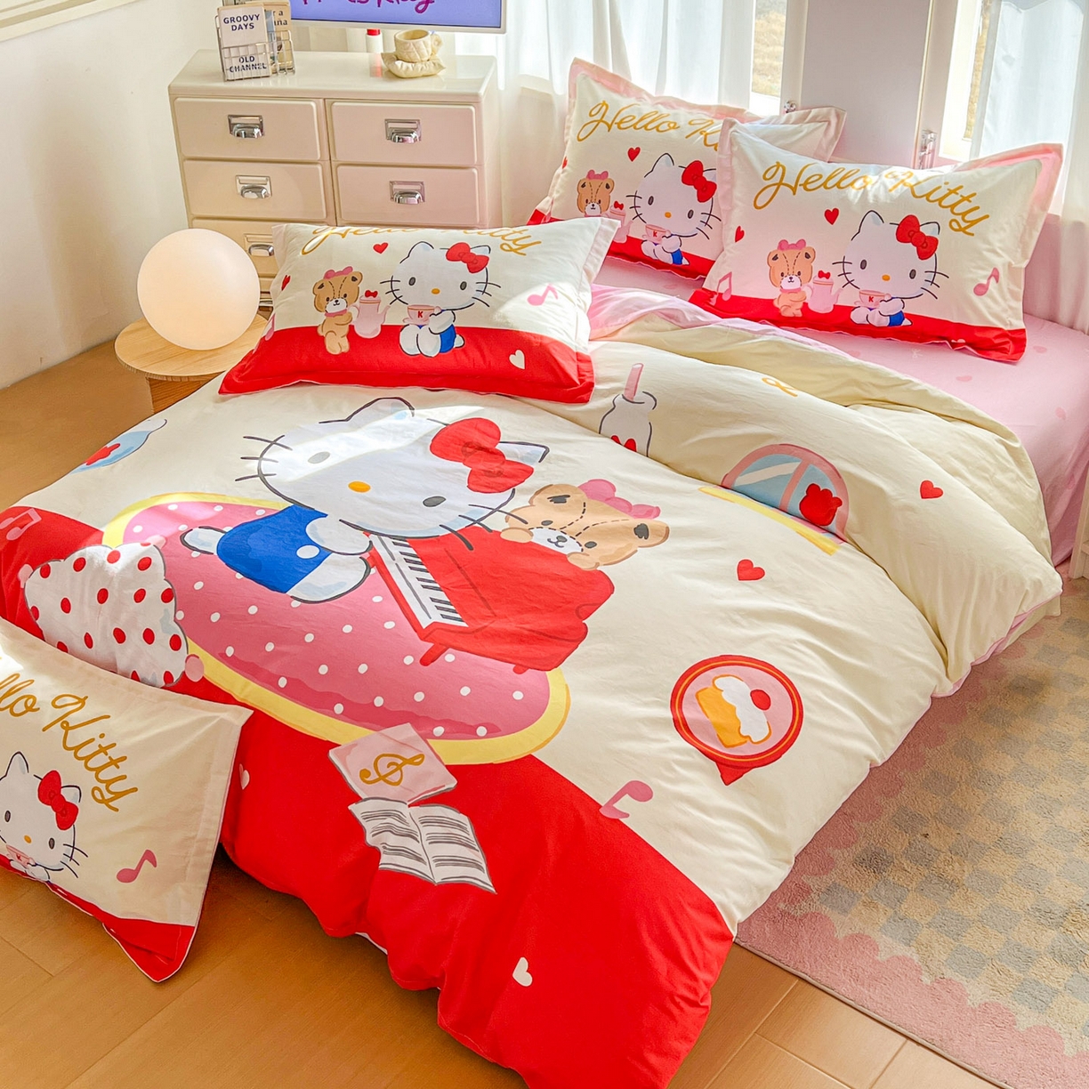 91家纺网 家纺一手货源 找家纺 浩诚 2026新款专版三丽鸥hellokitty库洛米正版授权大版全棉纯棉四件套 音乐KT