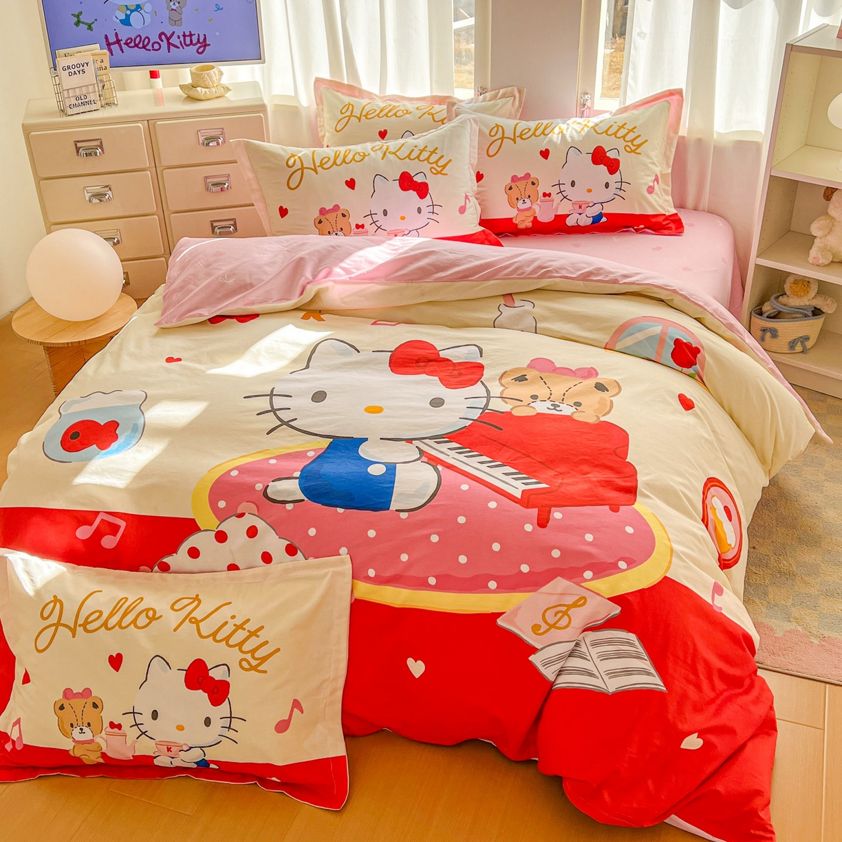 91家纺网 家纺一手货源 找家纺 浩诚 2026新款专版三丽鸥hellokitty库洛米正版授权大版全棉纯棉四件套 音乐KT