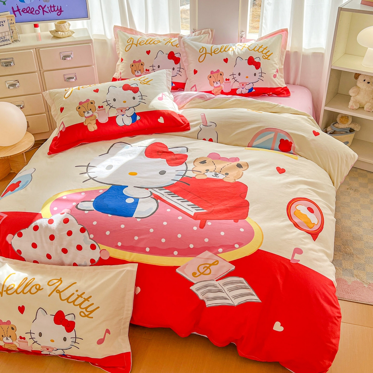 91家纺网 家纺一手货源 找家纺 浩诚 2026新款专版三丽鸥hellokitty库洛米正版授权大版全棉纯棉四件套 音乐KT