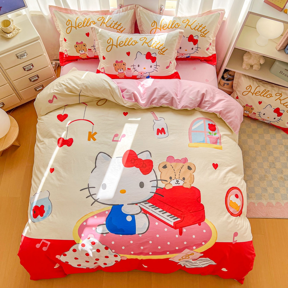 91家纺网 家纺一手货源 找家纺 浩诚 2026新款专版三丽鸥hellokitty库洛米正版授权大版全棉纯棉四件套 音乐KT