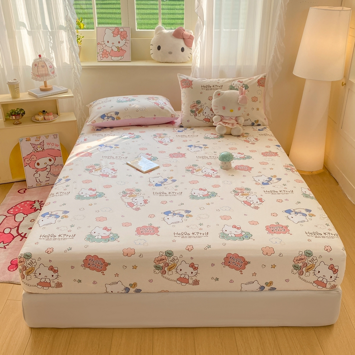 博雅 2026新款三丽鸥全棉小版印花床笠 幸福kt