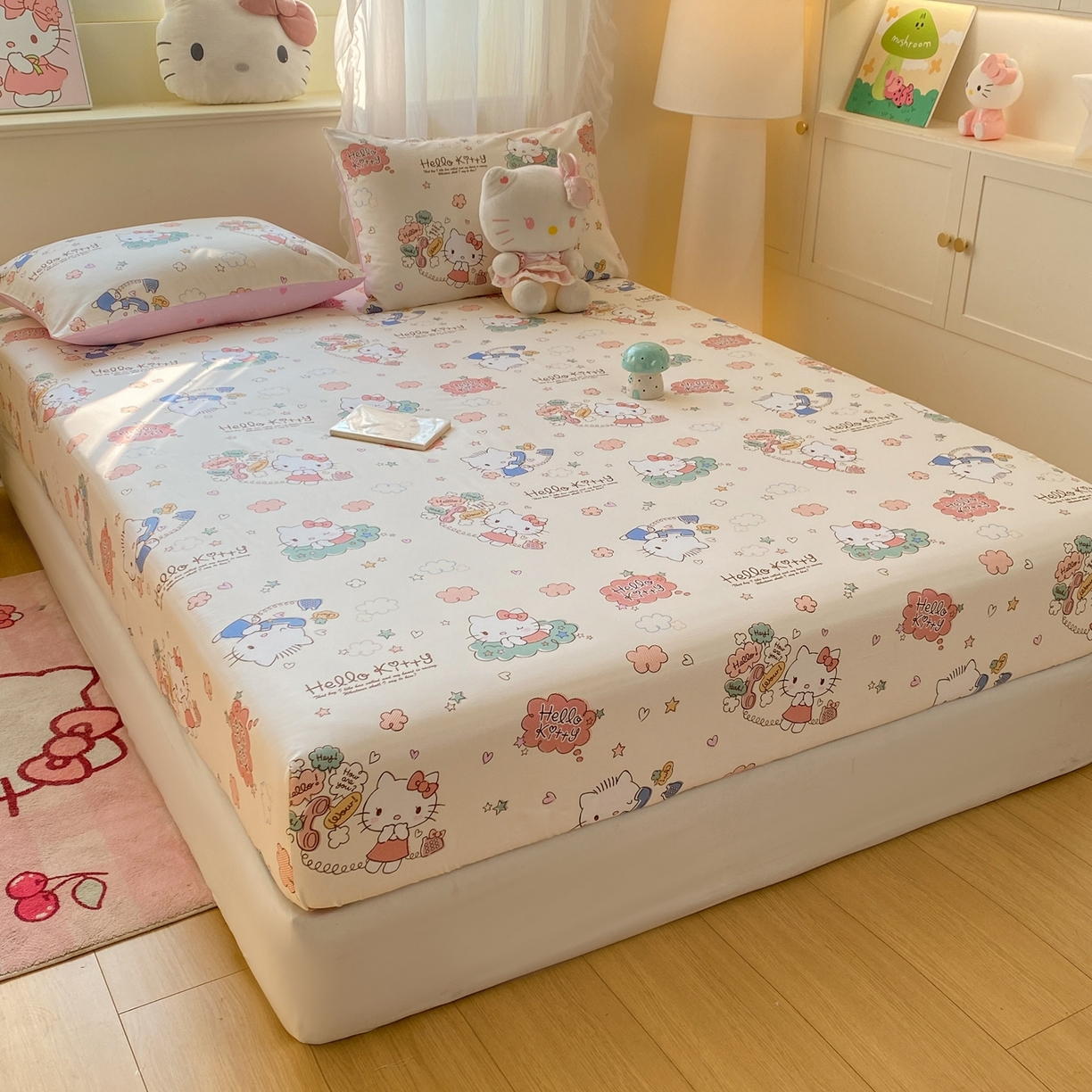 91家纺网 家纺一手货源 找家纺 博雅 2026新款三丽鸥全棉小版印花床笠 幸福kt