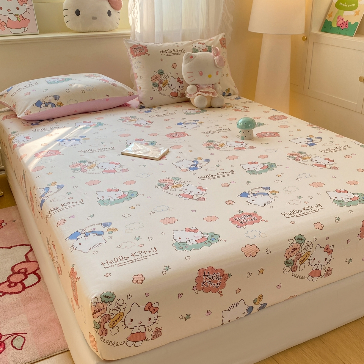 91家纺网 家纺一手货源 找家纺 博雅 2026新款三丽鸥全棉小版印花床笠 幸福kt