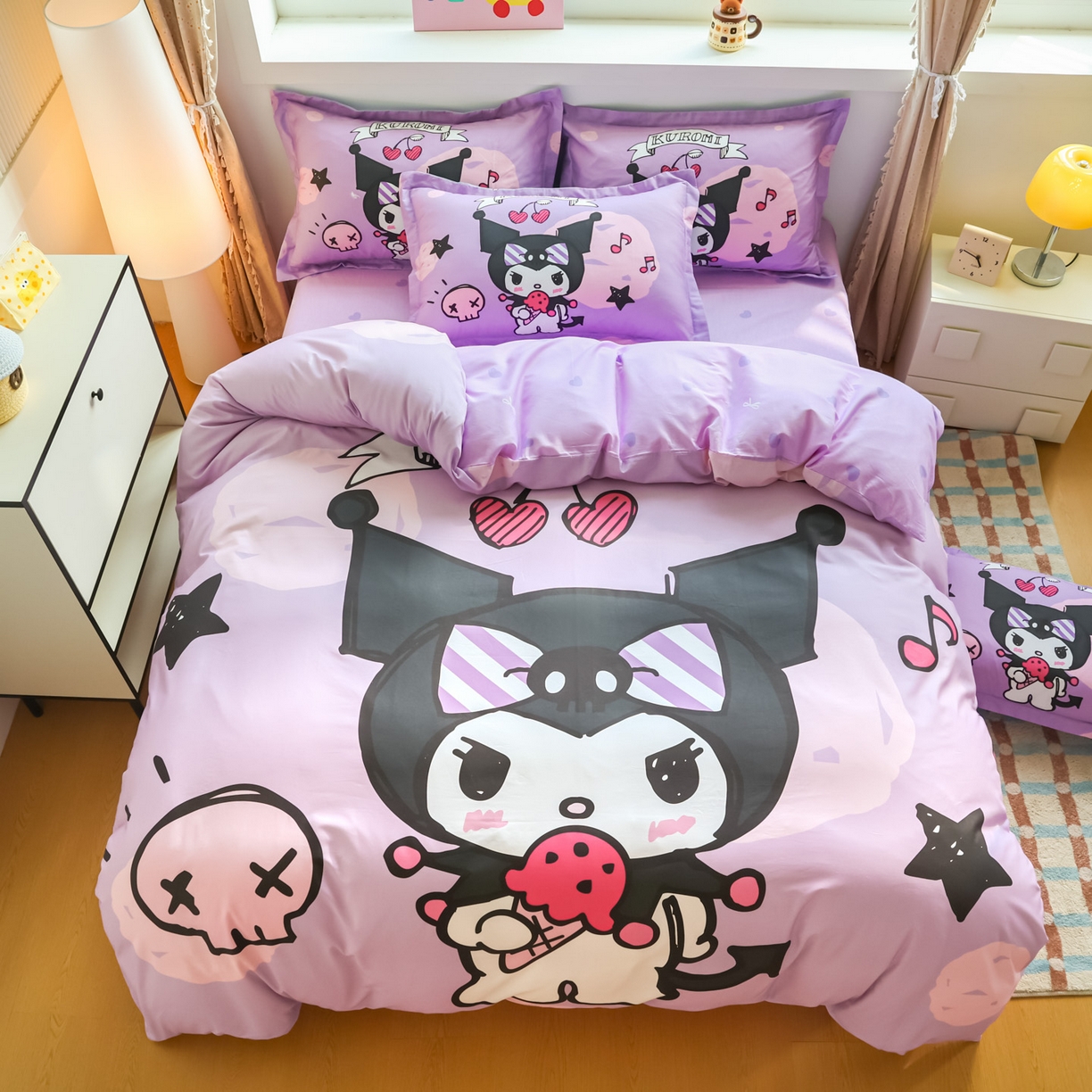 91家纺网 家纺一手货源 找家纺 浩诚 2026新款专版三丽鸥hellokitty库洛米正版授权大版全棉纯棉四件套 樱桃库洛米