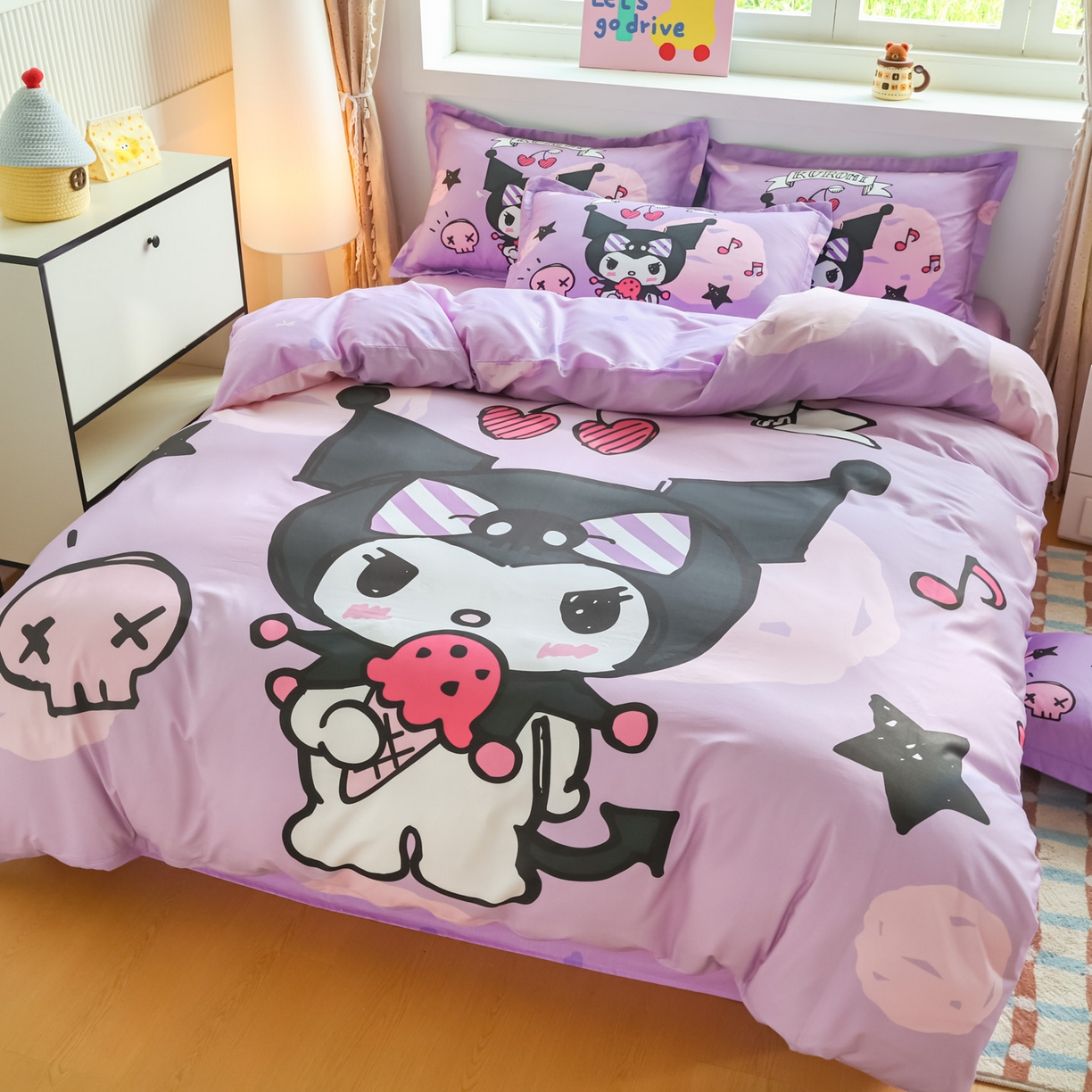 91家纺网 家纺一手货源 找家纺 浩诚 2026新款专版三丽鸥hellokitty库洛米正版授权大版全棉纯棉四件套 樱桃库洛米