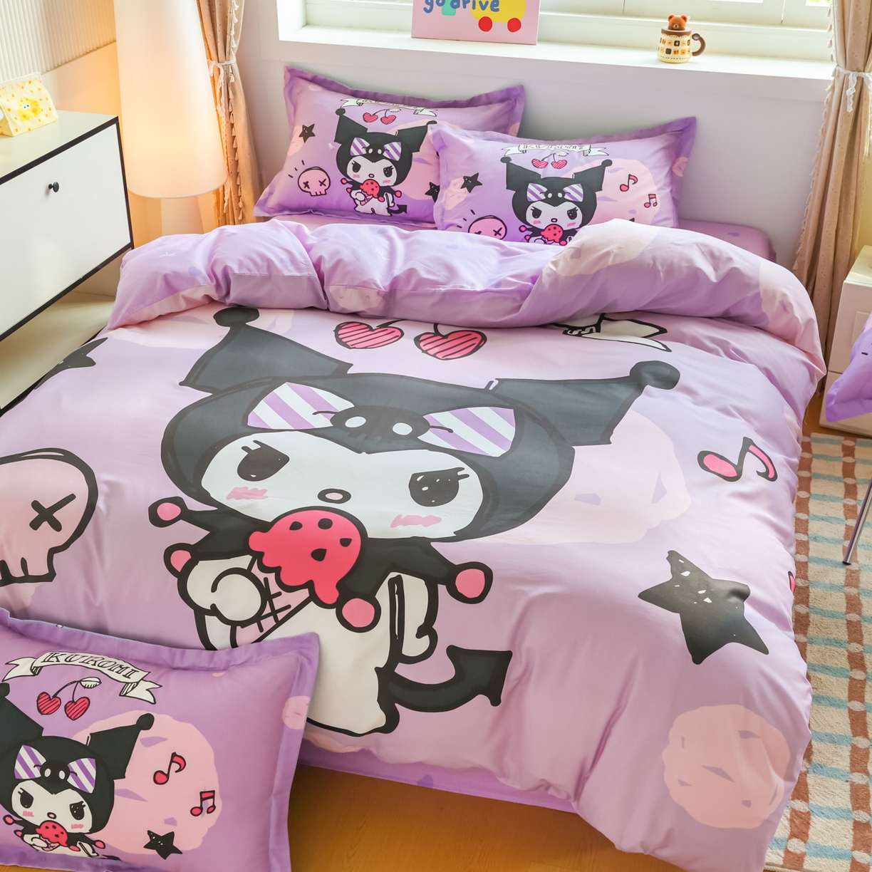 91家纺网 家纺一手货源 找家纺 浩诚 2026新款专版三丽鸥hellokitty库洛米正版授权大版全棉纯棉四件套 樱桃库洛米