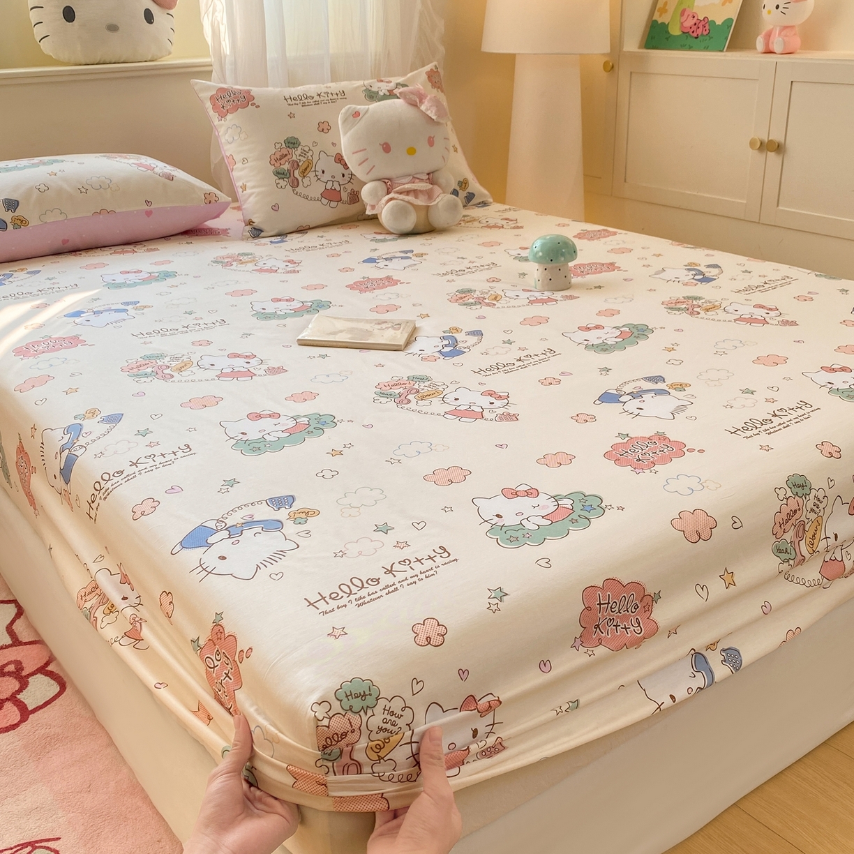 91家纺网 家纺一手货源 找家纺 博雅 2026新款三丽鸥全棉小版印花床笠 幸福kt