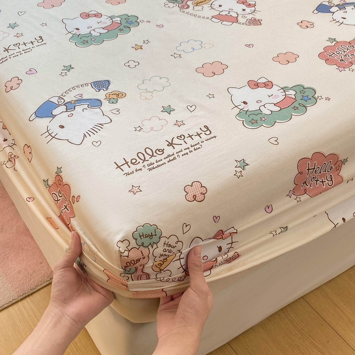 91家纺网 家纺一手货源 找家纺 博雅 2026新款三丽鸥全棉小版印花床笠 幸福kt