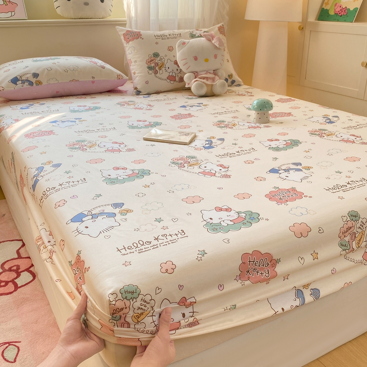 91家纺网 家纺一手货源 找家纺 博雅 2026新款三丽鸥全棉小版印花床笠 幸福kt