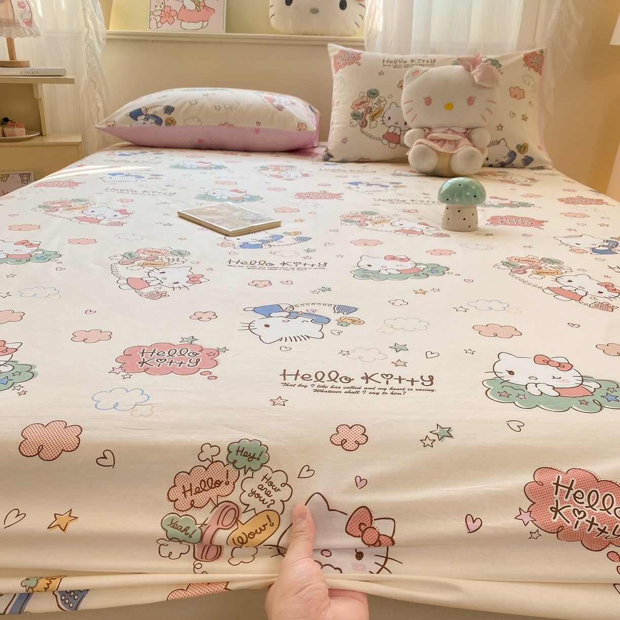 91家纺网 家纺一手货源 找家纺 博雅 2026新款三丽鸥全棉小版印花床笠 幸福kt