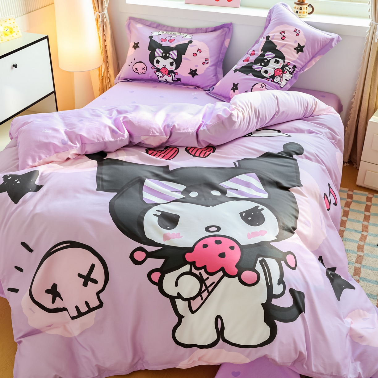 91家纺网 家纺一手货源 找家纺 浩诚 2026新款专版三丽鸥hellokitty库洛米正版授权大版全棉纯棉四件套 樱桃库洛米