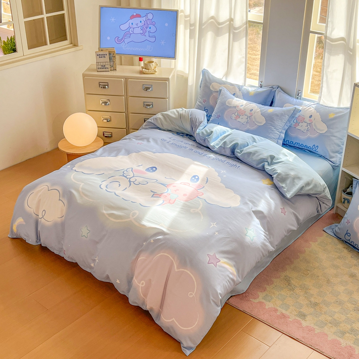91家纺网 家纺一手货源 找家纺 浩诚 2026新款专版三丽鸥hellokitty库洛米正版授权大版全棉纯棉四件套 云朵玉桂狗