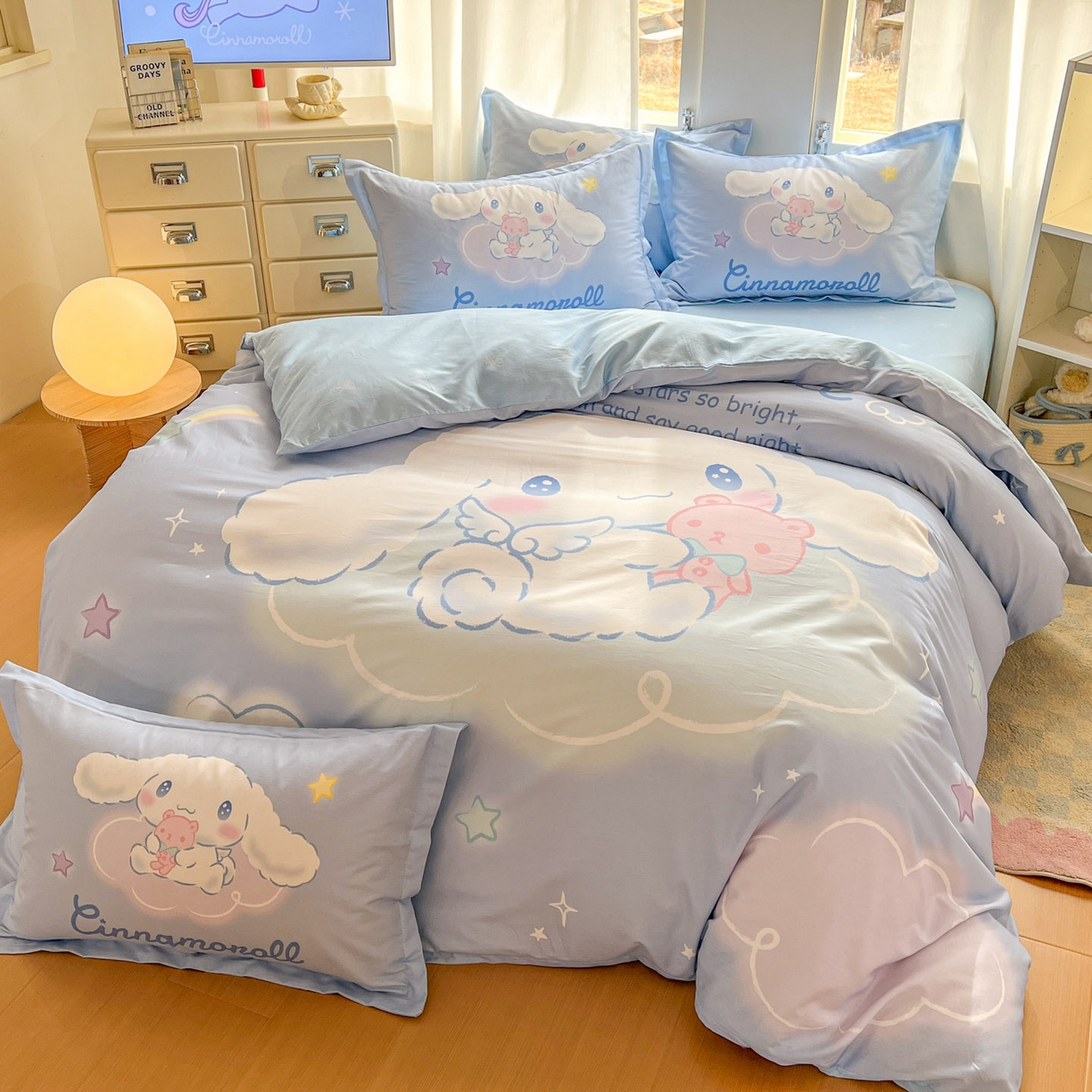 91家纺网 家纺一手货源 找家纺 浩诚 2026新款专版三丽鸥hellokitty库洛米正版授权大版全棉纯棉四件套 云朵玉桂狗