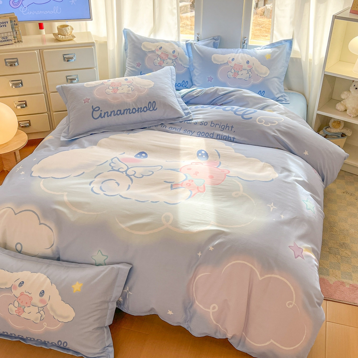 91家纺网 家纺一手货源 找家纺 浩诚 2026新款专版三丽鸥hellokitty库洛米正版授权大版全棉纯棉四件套 云朵玉桂狗