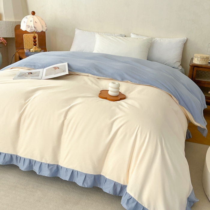 艾迪尚家纺 2026法式韩版荷叶边纯色长绒棉纯棉单被套 冰川蓝香草白