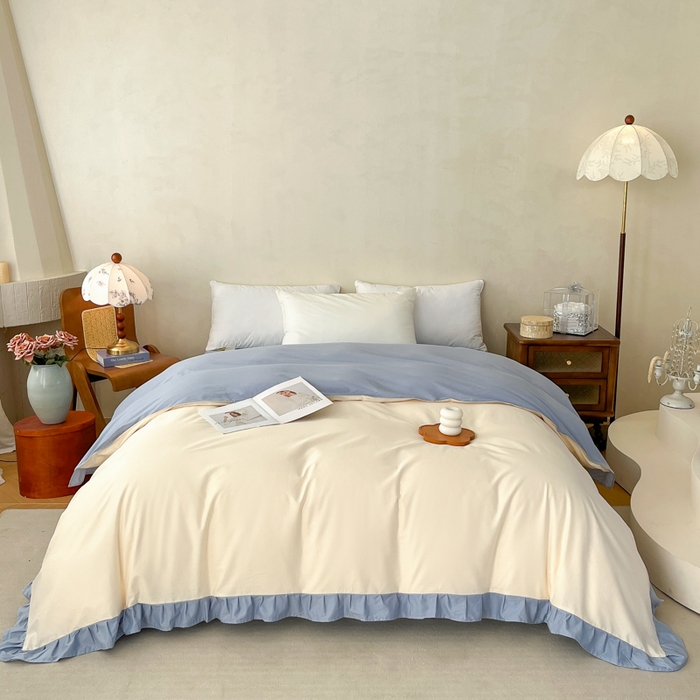 91家纺网 家纺一手货源 找家纺 艾迪尚家纺 2026法式韩版荷叶边纯色长绒棉纯棉单被套 冰川蓝香草白