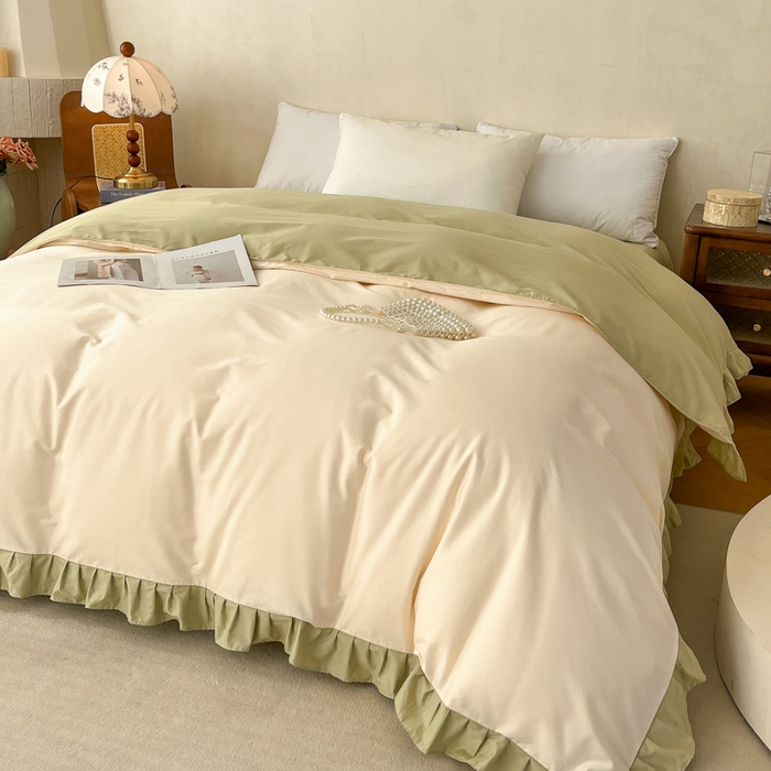 艾迪尚家纺 2026法式韩版荷叶边纯色长绒棉纯棉单被套 茉绿奶芙