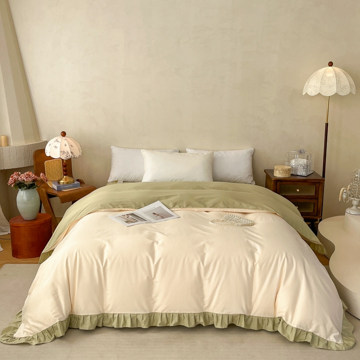 91家纺网 家纺一手货源 找家纺 艾迪尚家纺 2026法式韩版荷叶边纯色长绒棉纯棉单被套 茉绿奶芙