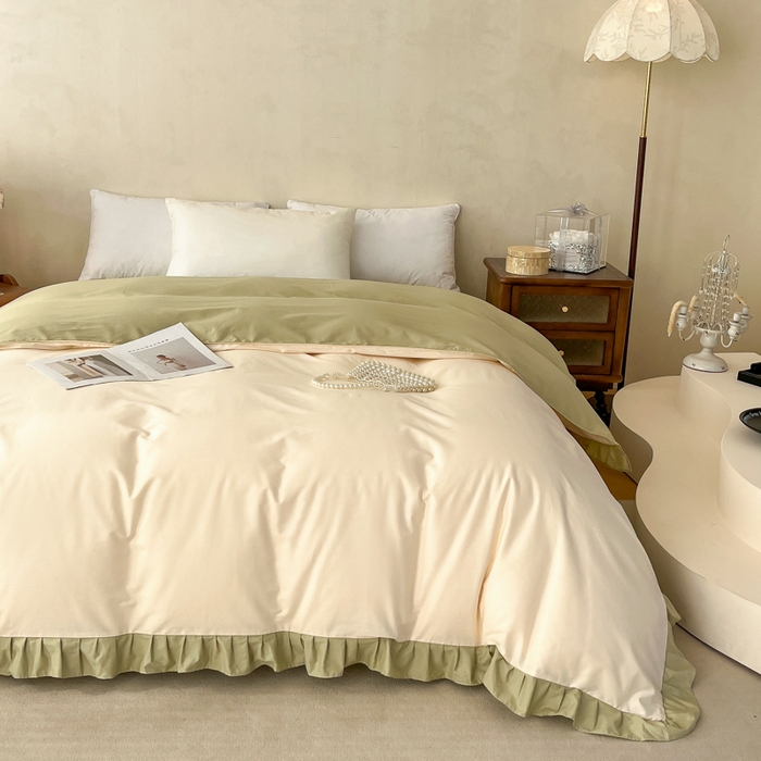 91家纺网 家纺一手货源 找家纺 艾迪尚家纺 2026法式韩版荷叶边纯色长绒棉纯棉单被套 茉绿奶芙