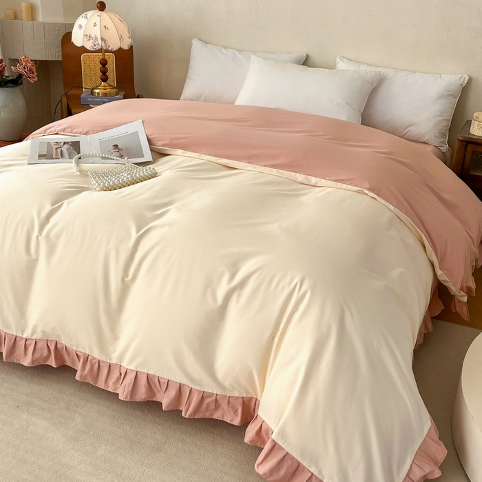艾迪尚家纺 2026法式韩版荷叶边纯色长绒棉纯棉单被套 奶芙慕粉