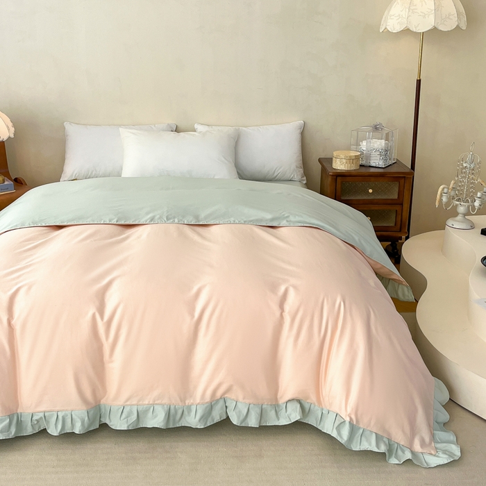 91家纺网 家纺一手货源 找家纺 艾迪尚家纺 2026法式韩版荷叶边纯色长绒棉纯棉单被套 柔杏浅绿