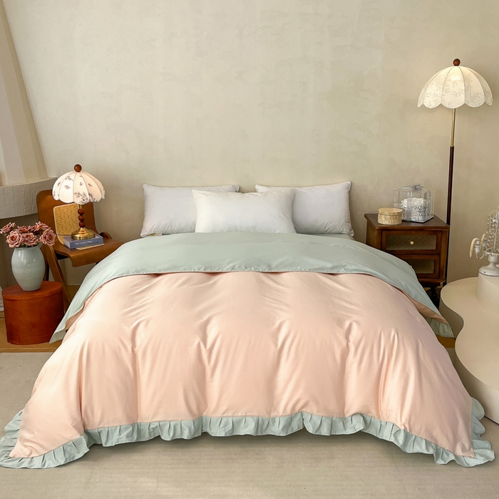 91家纺网 家纺一手货源 找家纺 艾迪尚家纺 2026法式韩版荷叶边纯色长绒棉纯棉单被套 柔杏浅绿