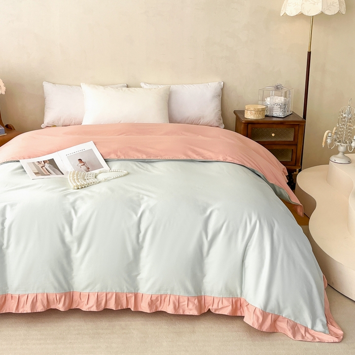 91家纺网 家纺一手货源 找家纺 艾迪尚家纺 2026法式韩版荷叶边纯色长绒棉纯棉单被套 瑞绿慕斯粉