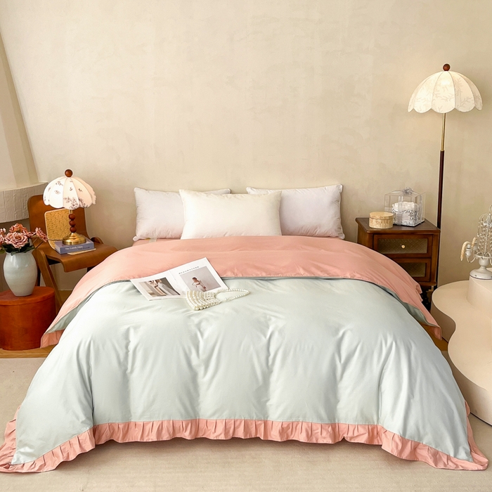 91家纺网 家纺一手货源 找家纺 艾迪尚家纺 2026法式韩版荷叶边纯色长绒棉纯棉单被套 瑞绿慕斯粉