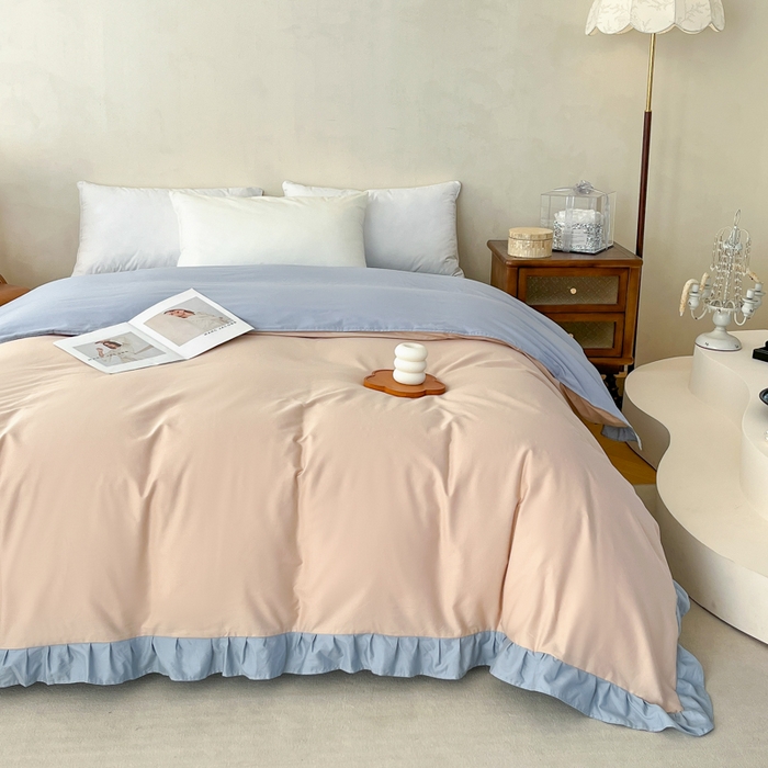 91家纺网 家纺一手货源 找家纺 艾迪尚家纺 2026法式韩版荷叶边纯色长绒棉纯棉单被套 雾蓝杏语